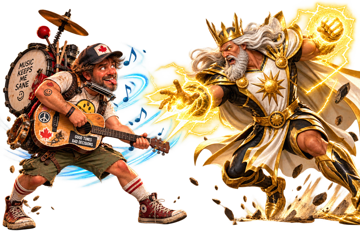 Action Figure game artwork showing Matthew the one-man band battling a gold-armoured opponent