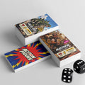 Action Figure card game with Kaiju Rex and Matthew character cards, card backs, and dice