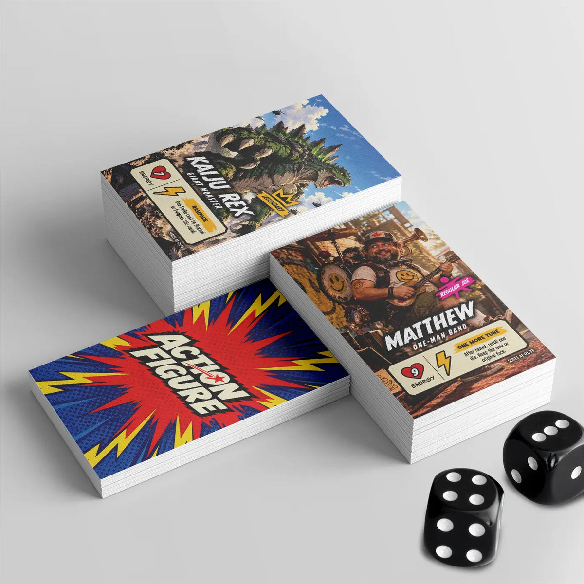 Action Figure card game with Kaiju Rex and Matthew character cards, card backs, and dice