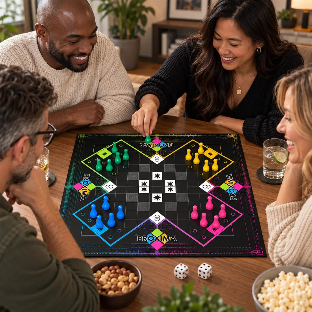 Four people playing Proxima around a table with colourful game pieces